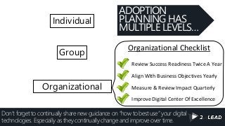 Don’t forget to continually share new guidance on “how to best use” your digital
technologies. Especially as they continually change and improve over time.
Individual
Group
Organizational
ADOPTION
PLANNING HAS
MULTIPLE LEVELS…
Review Success Readiness Twice A Year
Align With Business Objectives Yearly
Measure & Review Impact Quarterly
Improve Digital Center Of Excellence
Organizational Checklist
 