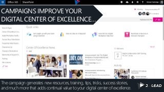The campaign generates new resources, training, tips, tricks, success stories,
and much more that adds continual value to your digital center of excellence.
CAMPAIGNS IMPROVE YOUR
DIGITAL CENTER OF EXCELLENCE…
 