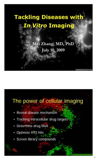 Tackling Diseases with
      In Vitro Imaging


             Mei Zhang, MD, PhD
                 July 10, 2009



                                              Mitochondria in live CV-1 cells




The power of cellular imaging

• Reveal disease mechanism
• Tracking intracellular drug targets
• Determine drug MoA
• Optimize HTS hits
• Screen library compounds



                                        Lysosomal contents in fused CT60 cells

                                                                                 1
 