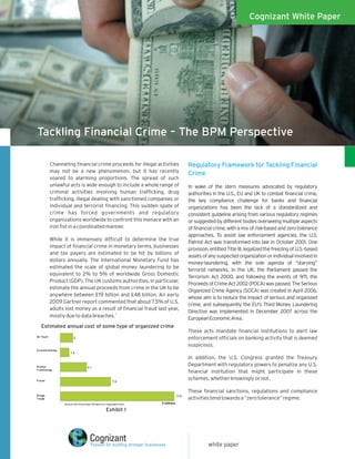 Cognizant White Paper




Tackling Financial Crime – The BPM Perspective

              Channeling financial crime proceeds for illegal activities                              Regulatory Framework for Tackling Financial
              may not be a new phenomenon, but it has recently                                        Crime
              soared to alarming proportions. The spread of such
              unlawful acts is wide enough to include a whole range of                                In wake of the stern measures advocated by regulatory
              criminal activities involving human trafficking, drug                                   authorities in the U.S., EU and UK to combat financial crime,
              trafficking, illegal dealing with sanctioned companies or                               the key compliance challenge for banks and financial
              individual and terrorist financing. This sudden spate of                                organizations has been the lack of a standardized and
              crime has forced governments and regulatory                                             consistent guideline arising from various regulatory regimes
              organizations worldwide to confront this menace with an                                 or suggested by different bodies overseeing multiple aspects
              iron fist in a coordinated manner.                                                      of financial crime, with a mix of risk-based and zero tolerance
                                                                                                      approaches. To assist law enforcement agencies, the U.S.
              While it is immensely difficult to determine the true
                                                                                                      Patriot Act was transformed into law in October 2001. One
              impact of financial crime in monetary terms, businesses
                                                                                                      provision, entitled Title III, legalized the freezing of U.S.-based
              and tax payers are estimated to be hit by billions of
                                                                                                      assets of any suspected organization or individual involved in
              dollars annually. The International Monetary Fund has
                                                                                                      money-laundering, with the sole agenda of “starving”
              estimated the scale of global money laundering to be
                                                                                                      terrorist networks. In the UK, the Parliament passed the
              equivalent to 2% to 5% of worldwide Gross Domestic
                                                                                                      Terrorism Act 2000, and following the events of 9/11, the
              Product (GDP). The UK customs authorities, in particular,
                                                                                                      Proceeds of Crime Act 2002 (POCA) was passed. The Serious
              estimate the annual proceeds from crime in the UK to be
                                                                                                      Organized Crime Agency (SOCA) was created in April 2006,
              anywhere between £19 billion and £48 billion. An early
                                                                                                      whose aim is to reduce the impact of serious and organized
              2009 Gartner report commented that about 7.5% of U.S.
                                                                                                      crime, and subsequently the EU's Third Money Laundering
              adults lost money as a result of financial fraud last year,
                                                                                                      Directive was implemented in December 2007 across the
              mostly due to data breaches. 1                                                          European Economic Area.
    Estimated annual cost of some type of organized crime
                                                                                                      These acts mandate financial institutions to alert law
ID T he f t                     2                                                                     enforcement officials on banking activity that is deemed
                                                                                                      suspicious.
C o unt e rf e it ing
                             1.4
                                                                                                      In addition, the U.S. Congress granted the Treasury
H um a n                                     4.1
                                                                                                      Department with regulatory powers to penalize any U.S.
T ra f f ic k ing
                                                                                                      financial institution that might participate in these
F ra ud                                                             7.8
                                                                                                      schemes, whether knowingly or not.

                                                                                                      These financial sanctions, regulations and compliance
D rugs                                                                                         17.6
T ra de                                                                                               activities tend towards a “zero tolerance” regime.
                        So urce: UK Ho me Dept '09 repo rt o n o rganized crime   £ billions

                                                              Exhibit 1




                                                                                                                white paper
 