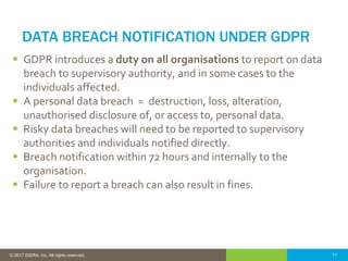 11© 2016 IDERA, Inc. All rights reserved. Proprietary and confidential. 11© 2017 IDERA, Inc. All rights reserved.
DATA BREACH NOTIFICATION UNDER GDPR
 GDPR introduces a duty on all organisations to report on data
breach to supervisory authority, and in some cases to the
individuals affected.
 A personal data breach = destruction, loss, alteration,
unauthorised disclosure of, or access to, personal data.
 Risky data breaches will need to be reported to supervisory
authorities and individuals notified directly.
 Breach notification within 72 hours and internally to the
organisation.
 Failure to report a breach can also result in fines.
 