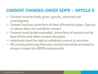 8© 2016 IDERA, Inc. All rights reserved. Proprietary and confidential. 8© 2017 IDERA, Inc. All rights reserved.
CONSENT CHANGES UNDER GDPR – ARTICLE 6
• Consent must be freely given, specific, informed and
unambiguous
• Consent requires some form of clear affirmative action. Opt out
or silence does not constitute consent
• Consent must be demonstrable. Some form of record must be
kept of how and when consent was given.
• Individuals have the right to withdraw consent at any time.
• All current processing that uses consent should be reviewed to
ensure it meets the GDPR requirements.
 