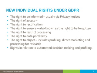 9© 2016 IDERA, Inc. All rights reserved. Proprietary and confidential. 9© 2017 IDERA, Inc. All rights reserved.
NEW INDIVIDUAL RIGHTS UNDER GDPR
• The right to be informed – usually via Privacy notices
• The right of access –
• The right to rectification
• The right to erasure – also known as the right to be forgotten
• The right to restrict processing
• The right to data portability
• The right to object – includes profiling, direct marketing and
processing for research
• Rights in relation to automated decision making and profiling.
 