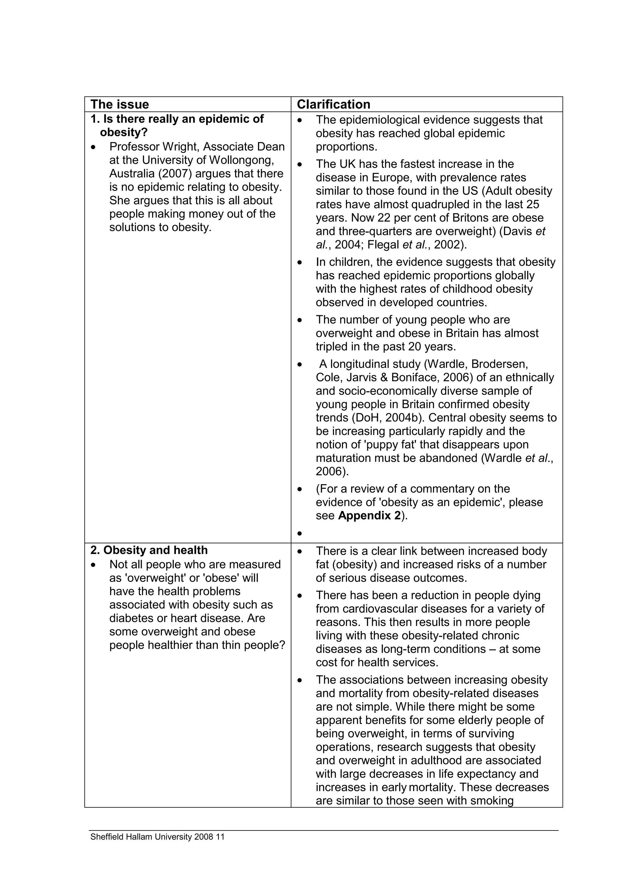 The issue                                 Clarification
1. Is there really an epidemic of         •   The epidemiological evidence suggests that
  obesity?                                    obesity has reached global epidemic
• Professor Wright, Associate Dean            proportions.
    at the University of Wollongong,      •   The UK has the fastest increase in the
    Australia (2007) argues that there        disease in Europe, with prevalence rates
    is no epidemic relating to obesity.       similar to those found in the US (Adult obesity
    She argues that this is all about         rates have almost quadrupled in the last 25
    people making money out of the            years. Now 22 per cent of Britons are obese
    solutions to obesity.                     and three-quarters are overweight) (Davis et
                                              al., 2004; Flegal et al., 2002).
                                          •   In children, the evidence suggests that obesity
                                              has reached epidemic proportions globally
                                              with the highest rates of childhood obesity
                                              observed in developed countries.
                                          •   The number of young people who are
                                              overweight and obese in Britain has almost
                                              tripled in the past 20 years.
                                          •    A longitudinal study (Wardle, Brodersen,
                                              Cole, Jarvis & Boniface, 2006) of an ethnically
                                              and socio-economically diverse sample of
                                              young people in Britain confirmed obesity
                                              trends (DoH, 2004b). Central obesity seems to
                                              be increasing particularly rapidly and the
                                              notion of 'puppy fat' that disappears upon
                                              maturation must be abandoned (Wardle et al.,
                                              2006).
                                          •   (For a review of a commentary on the
                                              evidence of 'obesity as an epidemic', please
                                              see Appendix 2).
                                          •
2. Obesity and health                  •      There is a clear link between increased body
• Not all people who are measured             fat (obesity) and increased risks of a number
    as 'overweight' or 'obese' will           of serious disease outcomes.
    have the health problems           •      There has been a reduction in people dying
    associated with obesity such as           from cardiovascular diseases for a variety of
    diabetes or heart disease. Are            reasons. This then results in more people
    some overweight and obese                 living with these obesity-related chronic
    people healthier than thin people?        diseases as long-term conditions – at some
                                              cost for health services.
                                          •   The associations between increasing obesity
                                              and mortality from obesity-related diseases
                                              are not simple. While there might be some
                                              apparent benefits for some elderly people of
                                              being overweight, in terms of surviving
                                              operations, research suggests that obesity
                                              and overweight in adulthood are associated
                                              with large decreases in life expectancy and
                                              increases in early mortality. These decreases
                                              are similar to those seen with smoking


Sheffield Hallam University 2008 11
 