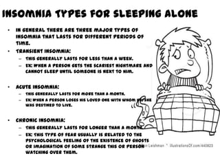 Insomnia Types for sleeping alone
•   In general there are three major types of
    Insomnia that lasts for different periods of
    time.
•   Transient Insomnia:
    – This generally lasts for less than a week.
    – Ex: When a person gets the scariest nightmare and
      cannot sleep until someone is next to him.


•   Acute Insomnia:
    –   This generally lasts for more than a month.
    –   Ex: When a person loses his loved one with whom he/she
        was destined to live.


•   Chronic Insomnia:
    – This generally lasts for longer than a month.
    – Ex: This type of fear usually is related to the
      psychological feeling of the existence of ghosts
      or imagination of some strange this or person
      watching over them.
 