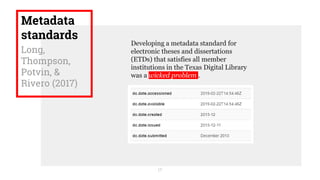 Metadata
standards
Long,
Thompson,
Potvin, &
Rivero (2017)
17
Developing a metadata standard for
electronic theses and dissertations
(ETDs) that satisfies all member
institutions in the Texas Digital Library
was a wicked problem .
 