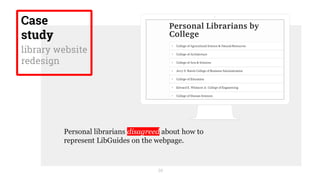 20
Personal librarians disagreed about how to
represent LibGuides on the webpage.
Case
study
library website
redesign
 