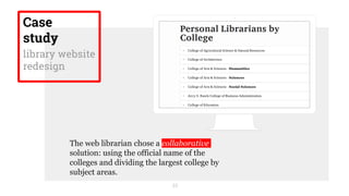 23
The web librarian chose a collaborative
solution: using the official name of the
colleges and dividing the largest college by
subject areas.
Case
study
library website
redesign
 