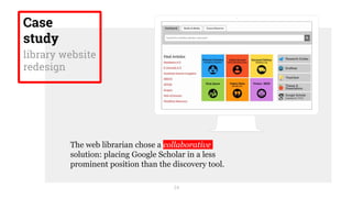 24
The web librarian chose a collaborative
solution: placing Google Scholar in a less
prominent position than the discovery tool.
Case
study
library website
redesign
 