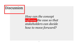 Discussion
27
How can the concept
reframe the case so that
stakeholders can decide
how to move forward?
 