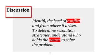 Discussion
28
Identify the level of conflict
and from where it arises.
To determine resolution
strategies, understand who
holds the power to solve
the problem.
 