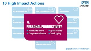 @robertvarnam #TimeForCare
10 High Impact Actions
Staff are the most valuable resource in the NHS. We have a duty to nurture them as well as providing resources and training to ensure they are
able to work in the most efficient way possible. This may include improving the environment, reducing waste in routine processes, streamlining
information systems and enhancing skills such as reading and typing speed.
Personal resilience
Supporting staff to be happy and productive in their work through the way they respond to pressure. The maintenance of an engaged
organisational culture through deliberate leadership of the team and systems can have a significant impact on resilience and productivity. A wide
range of activities may help build staff resilience, including training, mentoring and peer support schemes, as well as more intensive support for
staff experiencing difficulties.
Computer confidence
Provision of initial and ongoing support to staff to ensure they are able to make the best and most efficient use of practice computer systems.
Specific opportunities may be created for staff to discuss their use of systems and to share tips, or this may feature as part of other team
sessions.
Touch typing & speed reading
Training for staff in typing and reading at speed. This frees staff time, and reduces frustration and distraction, making it easier to devote attention
to other things.
 