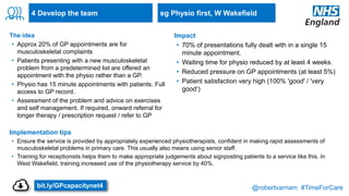 @robertvarnam #TimeForCare
4 Develop the team
The idea
• Approx 20% of GP appointments are for
musculoskeletal complaints
• Patients presenting with a new musculoskeletal
problem from a predetermined list are offered an
appointment with the physio rather than a GP.
• Physio has 15 minute appointments with patients. Full
access to GP record.
• Assessment of the problem and advice on exercises
and self management. If required, onward referral for
longer therapy / prescription request / refer to GP
Implementation tips
• Ensure the service is provided by appropriately experienced physiotherapists, confident in making rapid assessments of
musculoskeletal problems in primary care. This usually also means using senior staff.
• Training for receptionists helps them to make appropriate judgements about signposting patients to a service like this. In
West Wakefield, training increased use of the physiotherapy service by 40%.
Impact
• 70% of presentations fully dealt with in a single 15
minute appointment.
• Waiting time for physio reduced by at least 4 weeks.
• Reduced pressure on GP appointments (at least 5%)
• Patient satisfaction very high (100% 'good' / 'very
good‘)
eg Physio first, W Wakefield
bit.ly/GPcapacitynet4
 