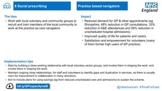 @robertvarnam #TimeForCare
8 Social prescribing
The idea
• Work with local voluntary and community groups to
recruit and train members of the local community to
work at the practice as care navigators.
Implementation tips
• Start by building a close working relationship with local voluntary sector groups, and involve them in shaping the work. and
involve them in shaping the work.
• Maintain ongoing close relationships, for staff and volunteers to identify gaps and duplication in services, as there is usually
room for improvement in collaboration in many directions.
• Aim to include plans for using savings (eg from reduced unscheduled care and admissions) to sustain the scheme.
Impact
• Reduced demand for GP & other appointments (eg
Shropshire, 48% reduction in GP consultations, 33%
reduction in A&E attendances and 58% reduction in
unscheduled hospital admissions).
• Improved quality of life for patients and carers.
• Satisfaction and empowerment for volunteers (many
of them former high users of GP practice).
Practice based navigators
bit.ly/GPcapacitynet8
 