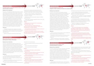 SUCCESS STORΥ                                                                                                                                      SUCCESS STORΥ
    Innovative pioneer in the medical devices industry, China                                                                                      Top global healthcare company, UK
    Enhancing sales competency                                                                                                                     Designing a Sales Competency Framework and a Sales Academy

    Background and objectives                                             Programme which equipped sales representatives with a
                                                                                                                                                   Background and objectives                                                to meet team and individual needs of sales and product managers
                                                                          comprehensive and practical toolkit of solution-driven sales
    Our client is a US-based leading global medical devices company,
                                                                          techniques to totally satisfy customers and defeat competition           Our client is one of the world�s top healthcare companies,               � A core Consultative Selling programme providing the
    employing over 10,000 people to improve patient care around the
                                                                                                                                                   operating in 50 countries employing over 28,000 employees. They          foundations with additional application workshops focusing on
    world. Through their five product groups (Trauma, Spine, Cranio-      �	 Adapted	a	hands-on	approach	in	the	learning	process	
                                                                                                                                                   offer healthcare professionals and hospitals a comprehensive             practical use under specific sales scenarios
    Maxillofacial, Biomaterials and Power Tools) they develop, produce    to ensure that embedding of the new knowledge, skills and
                                                                          competencies is achieved                                                 range of products, from surgical instruments to innovative               � Complementary sales management and product management
    and market instruments, implants and biomaterials for the surgical
                                                                                                                                                   implants, and therapeutic systems. Medical sales is a complex            workshops to review core sales skills, so managers can reinforce
    fixation, correction and regeneration of the human skeleton and       �	 Worked	closely	with	each	participant	to	develop	an	effective
                                                                                                                                                   and fiercely competitive market, involving a wide range of               new ideas and techniques
    its soft tissues. They operate in product markets with high growth,   personal action plan
                                                                                                                                                   products with very different target markets and sales cycles.
    driven by aging population and improvements in technology                                                                                                                                                               � A comprehensive series of management workshops and
                                                                          �	 Crafted	specific	competency	development	plans	for	each	sales	         To differentiate themselves and meet their challenging growth
    that allow treating more patients with better implants. To deliver                                                                                                                                                      one-on-one sessions: Key Account Development, Core Sales
                                                                          and sales management level.                                              targets, they consistently look after the quality of products and
    their value of Customer Orientation and generate more business                                                                                                                                                          Management Skills, Coaching, Business Planning, Recruitment
                                                                          Results                                                                  the professionalism of their people. Recognising the importance
    development, they launched a comprehensive sales competency                                                                                                                                                             Interviewing and Selection, Marketing and Finance
                                                                                                                                                   of attracting and retaining talented sales professionals, they
    development program. They selected TACK as their exclusive            �	 Equipped	sales	consultants	with	TACK�s	highly	effective
                                                                                                                                                   established a learning platform for all their salespeople. Their         � Design and management of a creative training and team
    development partner. We helped design and deliver customised          PRO-PAYBACK Selling� model
                                                                                                                                                   aims were to practice consultative selling to ensure value-adding        building event, titled �Beating the Competition�.
    sales training and development solutions, which addressed their
                                                                          �	 Effectively	helped	them	to	achieve	improved	sales	                    partnerships are built with customers and create a consistent and
    specific business needs and targeted learning objectives.                                                                                                                                                               Results
                                                                          performance, better customer relationships, and thus a more              professional approach across their three divisions. They selected
    Response                                                              consistent delivery on business objectives                               TACK as their training partner, as they felt that TACK�s holistic view   � Since the start of the programme over 150 employees
                                                                                                                                                   of development and our comprehensive sales offering was the              participated in the Sales Academy. The Out Patient Medical
    �	 �Translated�	the	targeted	sales	competencies	into	specific	        �	 Each	participant�s	personal	action	plan	helped	build	closer	and	
                                                                                                                                                   best match to meet their particular needs.                               division (OPM) has seen a dramatic up turn: a 24% increase in
    learning objectives. Special care was taken to ensure that targeted   more profitable partnerships with clients
                                                                                                                                                                                                                            revenue in the past two years, almost doubling its share of our
    improvements will have an immediate and direct contribution to        �	 According	to	the	evaluation,	participants	and	their	managers	         Response                                                                 client�s business to 19.5%
    sales performance                                                     were	highly	satisfied	with	TACK�s	services	and	their	positive	effects	
                                                                                                                                                   � Design of a new performance framework of sales competencies            � Individual success of salespeople has also been evident
    �	 Designed	and	delivered	a	comprehensive	Sales	Training	             on business development and results.
                                                                                                                                                   used as a benchmarking and development tool                              through promotions, greater levels of confidence and dramatic
                                                                                                                                                   � Re-engineer the sales and performance monitoring processes             improvements in personal sales results. One participant increased
                                                                                                                                                   � KPIs, recruitment and induction, tactical direction of sales           her sales by 600% in one key account
                                                                                      SUCCESS STORΥ                                                management                                                               � Our results have also been recognised by the National Training
                                                                                                                                                   � Design and development of a Sales Academy, consisting of               Awards, with our client becoming the winner of a Regional Training
    Major global pharmaceutical company, Denmark
                                                                                                                                                   bespoke short-, and longer-term integrated learning programmes           Award.
    Boosting sales meetings� effectiveness

    Background and objectives                                             organisation over a 6 month period

    Our client is a major global pharmaceutical company. They             � Practice days experimenting with the practical use of tools                                                                                                  SUCCESS STORΥ
    employ over 50,000 all over the world, developing, producing and      learned                                                                  Pharmaceutical industry leader, Russia
    selling pharmaceutical products to both animal and consumer           � One-on-one coaching of sales personnel                                 Developing leadership competence
    healthcare. Due to the company�s constantly broadening portfolio
                                                                          � Follow-up workshops on best practices.                                 Background and objectives                                                intensive and highly interactive 3-day workshop allowed in-depth
    of drugs, sales staff where challenged to deal with an increasing
                                                                                                                                                                                                                            study of managerial tools, and a situational approach to people
    number of customers. At the same time, the amount of time             Results                                                                  Our client is a leading pharmaceutical organisation headquartered
                                                                                                                                                                                                                            management and development
    needed per meeting was increasing due to the ever broadening                                                                                   in the UK, with staff numbers exceeding 100,000 people
                                                                          � An average of 22% increase in number of planned
    range of products to be presented. TACK worked closely with the                                                                                worldwide. They work in public health all over the world, engaging       � Participants were thoroughly assessed before and after the
                                                                          meetings per week
    sales staff and management to identify where and how it would be                                                                               in scientific research, developing, producing and selling                programme to define learning gaps, work on them, and assess the
    possible to optimise the sales effort.                                � Better and more effective planning and organisation of the day,                                                                                 effectiveness of the initiative.
                                                                                                                                                   pharmaceuticals, vaccines and consumer goods for hygiene and
                                                                          as reported by participants and their managers
                                                                                                                                                   health protection. They have been present on the Russian market          Results
    Response
                                                                          � Tangibly increased sales conversion rates through better and           since the 1980�s and today they not only promote their products in
                                                                                                                                                                                                                            � The programme helped bring people management practices to
    � Conducted a hands-on study of existing practices through            more structured presentations                                            Russia, but also make significant contributions to finding solutions
                                                                                                                                                                                                                            a new level within the organisation
    which it was identified that the best way to improve sales                                                                                     to major challenges facing the Russian public health. They chose
                                                                          � Decrease in unproductive time on the road and due to
    effectiveness was to rethink the process of prioritising, planning                                                                             TACK as a preferred partner to train their sales force and develop       � According to evaluation results, all participants highlighted the
                                                                          unsuccessful meetings
    and booking sales meetings                                                                                                                     people management and team leadership competence.                        programme�s effectiveness and practical applicability
                                                                          � Better attitude towards planning and booking meetings, less
    � Designed a training workshop focusing on the right habits of                                                                                                                                                          � As a result of the success of the programme, it became a
                                                                          downtime, fewer support requests, increased productivity                 Response
    planning and booking meetings with customers                                                                                                                                                                            standard part of the client�s learning portfolio and we prepared
                                                                          � Feedback received shows an overall high satisfaction with              � Working together with their internal experts, TACK designed a          8 in-house facilitators to deliver it internally.
    � A series of training programmes on effective sales planning and
                                                                          results achieved.                                                        bespoke programme on Effective Supervisory Management. This
                                                                                                                                                                                                                                                                                        08 > 09
Pharmaceuticals
 