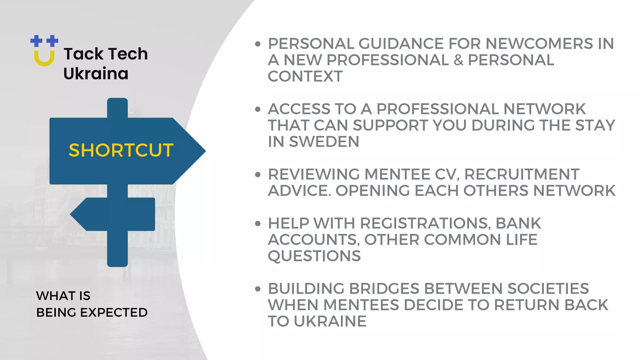 PERSONAL GUIDANCE FOR NEWCOMERS IN
A NEW PROFESSIONAL & PERSONAL
CONTEXT
ACCESS TO A PROFESSIONAL NETWORK
THAT CAN SUPPORT YOU DURING THE STAY
IN SWEDEN
REVIEWING MENTEE CV, RECRUITMENT
ADVICE. OPENING EACH OTHERS NETWORK
HELP WITH REGISTRATIONS, BANK
ACCOUNTS, OTHER COMMON LIFE
QUESTIONS
BUILDING BRIDGES BETWEEN SOCIETIES
WHEN MENTEES DECIDE TO RETURN BACK
TO UKRAINE
WHAT IS
BEING EXPECTED
SHORTCUT
 