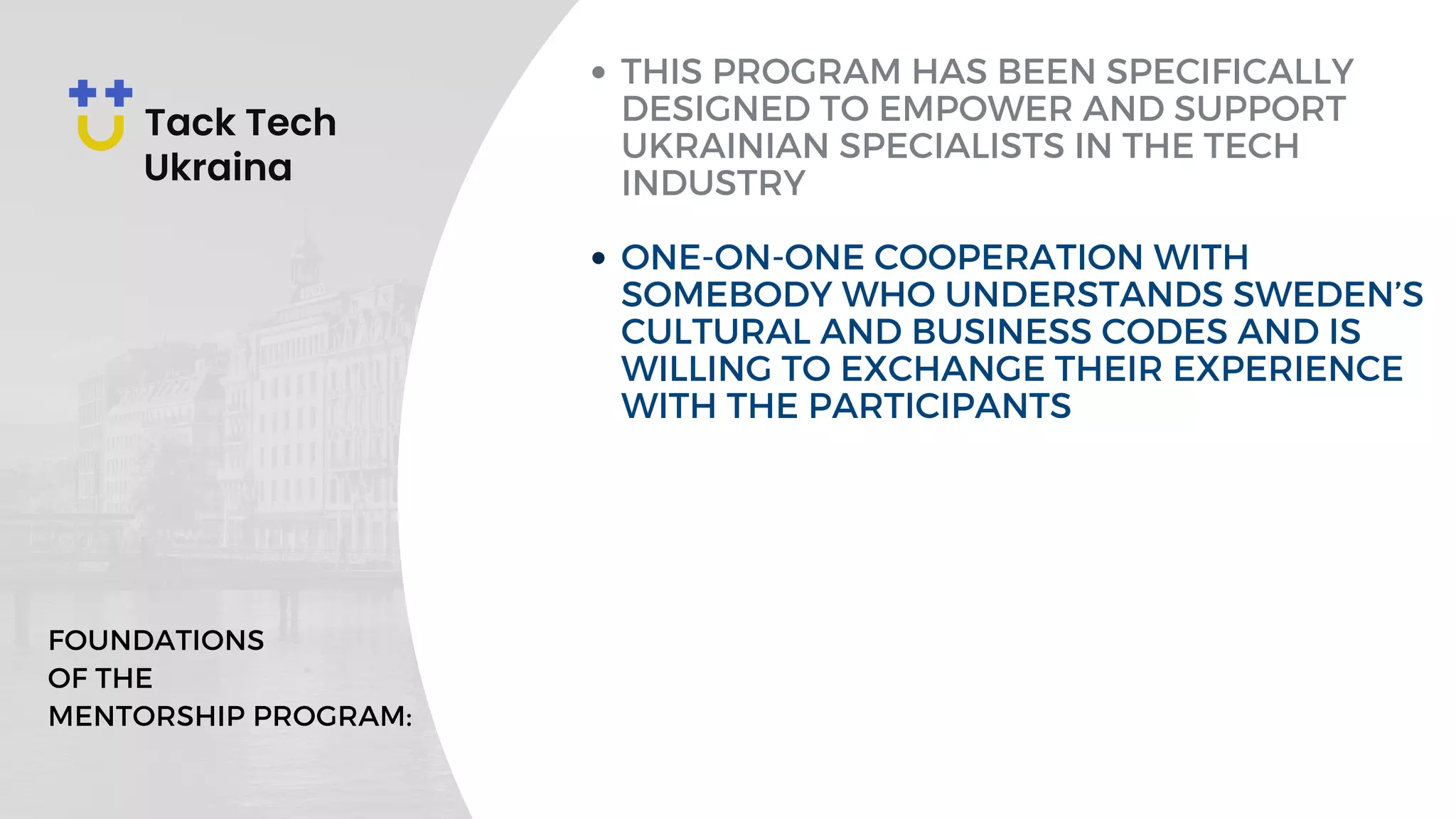 THIS PROGRAM HAS BEEN SPECIFICALLY
DESIGNED TO EMPOWER AND SUPPORT
UKRAINIAN SPECIALISTS IN THE TECH
INDUSTRY
ONE-ON-ONE COOPERATION WITH
SOMEBODY WHO UNDERSTANDS SWEDEN’S
CULTURAL AND BUSINESS CODES AND IS
WILLING TO EXCHANGE THEIR EXPERIENCE
WITH THE PARTICIPANTS
FOUNDATIONS
OF THE
MENTORSHIP PROGRAM:
 