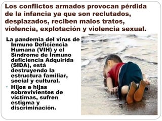 Los conflictos armados provocan pérdida
de la infancia ya que son reclutados,
desplazados, reciben malos tratos,
violencia, explotación y violencia sexual.
La pandemia del virus de
Inmuno Deficiencia
Humana (VIH) y el
Síndrome de Inmuno
deficiencia Adquirida
(SIDA), está
destruyendo la
estructura familiar,
social y cultural.
• Hijos e hijas
sobrevivientes de
víctimas, sufren
estigma y
discriminación.
 
