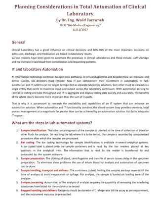 Planning Considerations in Total Automation of Clinical Laboratory | PDF