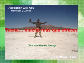 Asociación Civil Apu
   Naturaleza y Culturas




Tacna… mucho más que ofrecer


                    Christian Riveros Arteaga



                                      Laguna Blanca - Palca
 