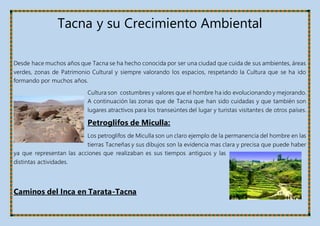 Tacna y su Crecimiento Ambiental
Desde hace muchos años que Tacna se ha hecho conocida por ser una ciudad que cuida de sus ambientes, áreas
verdes, zonas de Patrimonio Cultural y siempre valorando los espacios, respetando la Cultura que se ha ido
formando por muchos años.
Cultura son costumbres y valores que el hombre ha ido evolucionando y mejorando.
A continuación las zonas que de Tacna que han sido cuidadas y que también son
lugares atractivos para los transeúntes del lugar y turistas visitantes de otros países.
Petroglifos de Miculla:
Los petroglifos de Miculla son un claro ejemplo de la permanencia del hombre en las
tierras Tacneñas y sus dibujos son la evidencia mas clara y precisa que puede haber
ya que representan las acciones que realizaban es sus tiempos antiguos y las
distintas actividades.
Caminos del Inca en Tarata-Tacna
 