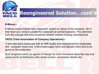 Reengineered Solution…cont’d K-Minus:- K-Minus means kitchen less restaurant, based on nature of the company. All of their food was cooked outside the restaurant at central locations. This stemmed from the concept that food should be retailed instead of being manufactured. TACO (Total Automation of Company Operations):- It provides each restaurant with an MIS facility and empowered the employees with  computer know-how. It eliminated paper work and allowed more time to be spent on the customers. Such programs serve as agents of change for more innovative ideas like new and varied points of distribution (like street corners, concession stands etc) 