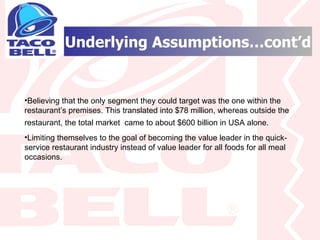 Underlying Assumptions…cont’d Believing that the only segment they could target was the one within the restaurant’s premises. This translated into $78 million, whereas outside the restaurant, the total market  came to about $600 billion in USA alone.   Limiting themselves to the goal of becoming the value leader in the quick-service restaurant industry instead of value leader for all foods for all meal occasions. 