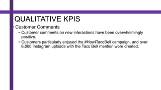QUALITATIVE KPIS
• Customer Comments
• Customer comments on new interactions have been overwhelmingly
positive.
• Customers particularly enjoyed the #HowITacoBell campaign, and over
6,000 Instagram uploads with the Taco Bell mention were created.
 