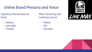 Online Brand Persona and Voice
Adjectives that describe our
brand
- Creative
- Late night
- Tasteful
When interacting with
customers we are
- Playful
- Hip
- Sarcastic
 