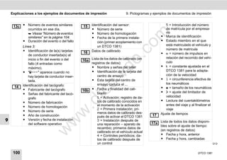 Explicaciones a los ejemplos de documentos de impresión                 9. Pictogramas y ejemplos de documentos de impresión


     13c ț Número de eventos similares          15    Identificación del sensor:                    5 = Introducción del número
             ocurridos en ese día.                    ț Número de serie                             de matrícula por el empresa-
                                                                                                    rio




                                                                                m
              Véase “Número de eventos               ț Número de homologación
             similares” en la página 104.             ț Fecha de la primera instala-             ț Marca de identificación
           ț Duración del evento o del fallo             ción (primer acoplamiento con           ț Estado miembro en el que




                                                                              co
           Línea 3:                                      un DTCO 1381)                              está matriculado el vehículo y
           ț Identificación de la(s) tarjetas                                                       número de matrícula
                                                16    Datos de calibrado
              de conductor insertada(s) al                                                       ț w = número de impulsos en




                                                                      .
                                                                                                    relación del recorrido del vehí-
              inicio o fin del evento o del     16a Lista de los datos de calibrado (en




                                                                   do
              fallo (4 entradas como                registros de datos):                            culo
              máximo).                              ț Nombre y señas del taller                  ț k = constante ajustada en el
           ț "---" aparece cuando no               ț Identificación de la tarjeta del              DTCO 1381 para la adapta-




                                                            .v
              hay tarjeta de conductor inser-           centro de ensayo                            ción de la velocidad
              tada.                                 ț Esta tarjeta del centro de                 ț l = circunferencia efectiva de
                                                                                                    los neumáticos




                                                    o
           Identificación del tacógrafo:                ensayo caduca el ...
      14                                                                                         ț  = tamaño de los neumáticos
           ț Fabricante del tacógrafo           16b ț Fecha y finalidad del cali-


                                                 tc
                                                                                                 ț  = ajuste del limitador de
           ț Señas del fabricante del tacó-             brado:
                                                        1 = Activación; registro de da-             velocidad
              grafo
                                                                                                 ț Lectura del cuentakilómetros
                                                .d
           ț Número de fabricación                      tos de calibrado conocidos en
                                                        el momento de la activación                 antes del viaje y al finalizar el
           ț Número de homologación
                                                        2 = Primera instalación; pri-               viaje
           ț Número de serie
                                       w
                                                        meros datos de calibrado des-            Ajuste de tiempos
           ț Año de construcción                        pués de activar el DTCO 1381        17
9          ț Versión y fecha de instalación             3 = Instalación después de
                                 w

              del software operativo                    una reparación – aparato de        17a Lista de todos los datos disponi-
                                                                                                 bles sobre el ajuste de tiempo:
                                                        recambio; primeros datos de
                          w


                                                                                                 (en registros de datos)
                                                        calibrado en el vehículo actual
                                                        4 = Controles periódicos; da-            ț Fecha y hora, anterior
                                                        tos de calibrado después de              ț Fecha y hora, cambiadas
                                                        un control                                                                      


     100                                                                                                                   DTCO 1381
 