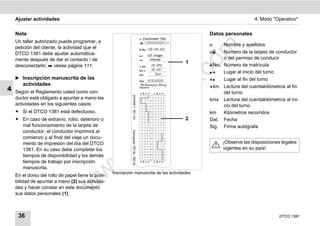Ajustar actividades                                                                                             4. Modo "Operativo"


    Nota                                                                                        Datos personales
    Un taller autorizado puede programar, a
                                                                                                    Nombre y apellidos




                                                                                          m
    petición del cliente, la actividad que el
    DTCO 1381 debe ajustar automática-                                                             Número de la tarjeta de conductor
    mente después de dar el contacto / de                                                            o del permiso de conducir




                                                                                        co
                                                                                          1
    desconectarlo;  véase página 111.                                                          No. Número de matrícula
                                                                                                   Lugar al inicio del turno
    ̈ Inscripción manuscrita de las                                                                Lugar al fin del turno




                                                                              .
       actividades




                                                                           do
                                                                                                km Lectura del cuentakilómetros al fin
4   Según el Reglamento usted como con-                                                              del turno
    ductor está obligado a apuntar a mano las                                                   km Lectura del cuentakilómetros al ini-
    actividades en los siguientes casos:




                                                                    .v
                                                                                                     cio del turno
    ț Si el DTCO 1381 está defectuoso,                                                          km   Kilómetros recorridos
    ț En caso de extravío, robo, deterioro o




                                                          o
                                                                                          2     Dat. Fecha
      mal funcionamiento de la tarjeta de                                                       Sig. Firma autógrafa
      conductor, el conductor imprimirá al
      comienzo y al final del viaje un docu-
                                                       tc                                            ¡Observe las disposiciones legales
                                                .d
      mento de impresión del día del DTCO
      1381. En su caso debe completar los                                                            vigentes en su país!
      tiempos de disponibilidad y los demás
                                          w
      tiempos de trabajo por inscripción
      manuscrita.
                                   w

                                                    Inscripción manuscrita de las actividades
    En el dorso del rollo de papel tiene la posi-
    bilidad de apuntar a mano (2) sus activida-
                             w


    des y hacer constar en este documento
    sus datos personales (1).



     36                                                                                                                        DTCO 1381
 