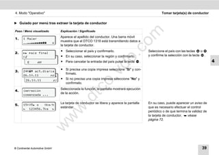 4. Modo "Operativo"                                                                                         Tomar tarjeta(s) de conductor


̈ Guiado por menú tras extraer la tarjeta de conductor

Paso / Menú visualizado              Explicación / Significado




                                                                                   m
                                     Aparece el apellido del conductor. Una barra móvil
1.     1 Maier
                                     muestra que el DTCO 1318 está transmitiendo datos a




                                                                                 co
                    
                                     la tarjeta de conductor.
                                     ț Seleccionar el país y confirmarlo.                          Seleccione el país con las teclas   o
2.      país final




                                                                        .
                                     ț En su caso, seleccionar la región y confirmarlo.            y confirme la selección con la tecla .
       :E




                                                                     do
         país final
          E       AN                 ț Para cancelar la entrada del país pulse la tecla        .                                              4
                                     ț Si precisa una copia impresa seleccione "Sí" y con-
3.     24h act.diaria




                                                                 .v
       26.10.11      no
                                       fírmelo.
        24h act.diaria
         26.10.11               sÌ   ț Si no precisa una copia impresa seleccione "No" y




                                                       o
                                       confírmelo.



                                                    tc
                                     Seleccionada la función, la pantalla mostrará ejecución
4.     impresión
       comenzada ...
                                     de la acción.
                                            .d
                                     La tarjeta de conductor se libera y aparece la pantalla       En su caso, puede aparecer un aviso de
5.     15:05   0km/h
                                     estándar.                                                     que es necesario efectuar el control
                                      w
        123456.7km 
                                                                                                   periódico o de que termina la validez de
                                                                                                   la tarjeta de conductor,  véase
                                w

                                                                                                   página 72.
                       w




© Continental Automotive GmbH                                                                                                          39
 