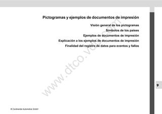 Pictogramas y ejemplos de documentos de impresión




                                                                 m
                                                              Visión general de los pictogramas
                                                                         Símbolos de los países




                                                               co
                                                         Ejemplos de documentos de impresión




                                                         .
                                        Explicación a los ejemplos de documentos de impresión




                                                      do
                                            Finalidad del registro de datos para eventos y fallos




                                            o    .v
                                         tc
                                     .d
                                 w

                                                                                                    9
                                w
                       w




© Continental Automotive GmbH
 