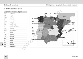 Símbolos de los países                     9. Pictogramas y ejemplos de documentos de impresión


    ̈ Símbolos de las regiónes

    Asignación de valor – España




                                                     m
    AN       Andalucía                       AST      C     PV NA




                                                   co
    AR       Aragón
    AST      Asturias
                                      G
    C        Cantabria




                                               .
                                      LR
    CAT      Cataluña




                                            do
                                                                                          CAT
    CL       Castilla-León            CL                                                  AR
    CM       Castilla-La-Mancha




                                            .v
    CV       Valencia                 M
    EXT      Extremadura
                                                                             CV                 IB




                                         o
                                      CM
    G        Galicia



                                      tc
    IB       Baleares                 EXT
    IC       Canarias
                                   .d
                                                                           MU
    LR       La Rioja
    M        Madrid
                                      AN
                                   w
    MU       Murcia
                                                                                                IC
9
                                  w

    NA       Navarra
    PV       País Vasco
                             w




     88                                                                                   DTCO 1381
 