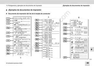 9. Pictogramas y ejemplos de documentos de impresión                              ¡Ejemplos de documentos de impresión


࡯    ¡Ejemplos de documentos de impresión

̈ Documento de impresión del día de la tarjeta de conductor




                                                                        m
                                                                      co
    1          26.11.2011 14:55 (UTC)
              -----------------------                  06:17 00h45
              24h                        8c                                                18:38 CH
    2         -----------------------
                                                        07:02 00h39 
                                                                                                 205 408 km
                                                        07:41 01h19 
               Schmitt                    8e               95 958 km;    86 km                04h54   317 km




                                                              .
    3           Peter                                  ------------------------    11d         02h27  03h29
              D /12345678901234 5 6                                                          01h14 ? 11h56




                                                           do
              -----------------------     8a          ? 09:00 00h24
                                                                                              04h28
                                                       -----------2------------
               Rogenz                                  S /LCR 243                          ----------!x-----------
    3a          Winfried                   8b              205 002 km               12       x    0 10.11.2011 12:45
              DK /45678901234567 7 8                  09:24 02h30                                          00h04
                04.01.2012                 8c           11:54 00h39               12c        D /VS VM 612




                                                       .v
              -----------------------                 ------------------------              ------------------------
               ABC12345678901234                      ? 12:33 00h10                         !    0 05.08.2011 09:23
    4           D /VS VM 612               8a          -----------1------------              !34     ( 0)       00h01
              -----------------------                                             12c        D /VS VM 612




                                             o
                                                        12:43 02h27
               Continental Automotive     8c           15:10 01h12                         ------------------------
    5            GmbH                                   16:22 00h16
                                                                                              D /VS VM 612


                                          tc
                1381.12345678901                        16:38 00h42
              -----------------------                   16:38 ----------          13       ----------!x-----------
               NFZ-Profi Service & Ve     8d           17:20 00h52                                5 15.11.2011 16:42
    6           rtrieb                                  18:12 00h24               13c                   ( 2)      00h12
                                         .d
              D /87654321087654 3 2                   18:36 00h02                         D /98765432109876 5 4
               02.04.2010                                 205 408 km;   231 km              F /12345678901234 5 6
              -----------------------     8e          ------------------------              ------------------------
              D /12345678901234 5 6                  ? 18:38 05h22                                4 15.10.2011 11:10
    7                                      8a
                                 w
               11.11.2011 11:11                     -----------Σ------------                          ( 95)     00h30
              -----------------------                 06:00 D                             DK /45678901234567 7 8
    8            25.11.2011    310         11               95 872 km                        F /12345678901234 5 6
              ------------------------                                                       ------------------------
                                                                                                                            9
                                w

                                                       09:00 D
    8a        ? 00:00 06h00                                                                  x       0 10.11.2011 12:45
               06:00 00h17               11a               95 958 km
                                                                                                                   00h04
                                                       09:24 D
              -----------1------------                     205 002 km                        DK /45678901234567 7 8
                       w


    8b         D /VS VM 612                           12:33 D                             ------------------------
                   95 872 km                               205 177 km                         Friedrichshafen
                                                                                                .....................
                                                       12:43 D                              Schmitt Peter
                                                                                                .....................
                                                           205 177 km               21        Rogenz Winfried
                                                                                                .....................
                                                                                                                           


© Continental Automotive GmbH                                                                                         89
 