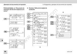 ¡Ejemplos de documentos de impresión                                 9. Pictogramas y ejemplos de documentos de impresión


    Particularidades: en "Documento de        ̈ Eventos / fallos de la tarjeta de
    impresión del día de la tarjeta de con-        conductor




                                                                             m
    ductor"

                                               1          11.11.2011 11:11 (UTC)
                -----------------------




                                                                           co
                                                         -----------------------
                D /12345678901234 5 6                  !x                                     ------------------------
                 11.11.2011 11:11            2         -----------------------                 !        05.08.2011 09:23
                -----------------------                  Schmitt                     12c        !22                  00h01
                   25.11.2011    310           3           Peter                                   D /VS VM 612
     8f                                                  D /12345678901234 5 6                  ------------------------




                                                                   .
                --------? ! ? --------                 -----------------------                 !        17.04.2011 16:04




                                                                do
                                                          Rogenz                                 !11                  01h02
                ------------------------                   Winfried                                D /VS VM 612
                ? 00:00 06h00                  3a        DK /45678901234567 7 8      12b        -----------x-----------
                 06:00 00h17                              04.01.2012                             x        10.11.2011 12:45
                -----------1------------                 -----------------------      12c                             00h04
                                                                                                   D /VS VM 612




                                                           .v
                                               4          ABC12345678901234
                                                           D /VS VM 612                           ------------------------
                                                         -----------!-----------                 x        11.02.2011 18:02
                                              12a        !      04.04.2011 02:14                                      00h03
                 D  /VS VM 612                                                                    D /VS VM 612




                                                   o
                                                                            06h03
                     95 872 km
                 06:17 00h45
                                              12c         S /LCR 243                             ------------------------
                                                         ------------------------                 x        20.12.2010 01:54
                 07:02 00h39 


                                                tc
                                                         !     04.11.2011 18:12                                      00h04
     8g          07:41
                                                                            00h01                  D /S VD 432
                            km;       km                                                          ------------------------
                -----------Σ------------                  D /VS VM 612
                                                         ------------------------                  Ulm
                                                                                                     .....................
                                              .d
                06:00 D
                     95 872 km                           !     10.02.2011 08:12       21         Schmitt Peter
                                                                                                     .....................
                  00h00       km                                           00h05                  Rogenz Winfried
                                                          D /S VD 432                               .....................
                                                         ------------------------
                                      w
                                                         !      12.12.2010 10:15
                                                                            00h10
                -----------------------                  D /VS VM 612
9
                                w

                -----------------------                 ------------------------
                   25.11.2011    310                     !      10.05.2011 08:45
                ------------------------                                    00h01
     8h         ----------OUT-----------                  D /VS VM 612
                          w


                -----------1------------
                 D /VS VM 612
                     95 872 km
                 00:00 07h02
                 07:02 00h39



     90                                                                                                               DTCO 1381
 