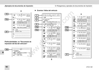 ¡Ejemplos de documentos de impresión                               9. Pictogramas y ejemplos de documentos de impresión


                                            ̈ Eventos / fallos del vehículo

     13        ----------!x-----------




                                                                           m
               !     1 25.11.2011 19:01    1          24.10.2011 16:07 (UTC)
                         ( 1)       00:20              -----------------------
               ---                                    !x                                     !    0 17.04.2011 16:04
               ------------------------      2         -----------------------                 !17       ( 0)     01h02




                                                                         co
    13c              5 15.11.2011 16:42               Schmitt                                DK /45678901234567 7 8
                         ( 2)       00h12    3           Peter                                  F /12345678901234 5 6
               D /98765432109876 5 4                 D /12345678901234 5 6                  UK /54321987654321 9 8
               F /12345678901234 5 6                 -----------------------                 ------------------------
               ------------------------      4          ABC12345678901234                      !    0 05.08.2011 09:23




                                                                  .
               x      0 10.11.2011 12:45                D /VS VM 612                           !22       ( 0)     00h01
                                                                                                DK /45678901234567 7 8




                                                               do
                                    00h04              -----------!-----------
               DK /45678901234567 7 8     13a        !   0 10.08.2011 08:12      13b        -----------x-----------
               ------------------------                        ( 0)       00h01                 x    0 10.08.2011 07:00
                Lindau                                                                                           00h02
                  .....................     13c        D /12345678901234 5 6       13c        D /12341234123412 3 4
                Schmitt Peter                         F /12345678901234 5 6                  ------------------------
     21           .....................                ------------------------




                                                         .v
                .....................                !   0 10.08.2011 08:20                 x    0 05.05.2010 07:15
                                                               ( 0)       00h03                                    00h14
                .....................                                                         D /12345678901234 5 6
                                                       D /12345678901234 5 6                  F /12345678901234 5 6
                .....................




                                                 o
                                                       F /12345678901234 5 6                  ------------------------
                                                       ------------------------                 x    6 05.05.2010 07:15
                                                       !   1 15.10.2011 07:02                                    00h14


                                              tc
                                                               ( 1)       00h54                 D /12345678901234 5 6
    Particularidades: en "Documento de                 ---                                     F /12345678901234 5 6
                                                       ------------------------                 ------------------------
    impresión del día del vehículor"                   !   2 15.10.2011 07:02
                                            .d
                                                               ( 1)       00h54                 x    0 12.09.2011 21:00
                                                       ---                                                        00h01
                                                       ------------------------                 ---
                                                       !   3 15.03.2010 07:56                 ------------------------
               -----------1------------
                                       w
                                                               ( 1)       00h01                 x    0 12.09.2011 21:00
     10i       ----------OUT-----------
                                                       F /12345678901234 5 6                                     00h01
                Rogenz                                                                         ---
                 Winfried                              B /22335578901234 1 2                  ------------------------
9                                                      ------------------------
                                w

               DK /45678901234567 7 8                                                          Lindau
                 04.01.2012                                4 15.10.2011 11:10                     ....................
               S /LCR 243                                    ( 95)      00h30       21         Schmitt Peter
                                                                                                    ....................
                                                       DK /45678901234567 7 8                 
                          w


                                                       F /12345678901234 5 6                      ....................




     92                                                                                                           DTCO 1381
 