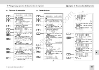 9. Pictogramas y ejemplos de documentos de impresión                              ¡Ejemplos de documentos de impresión


̈ Excesos de velocidad                   ̈ Datos técnicos
                                                                                             ë ?????????????????




                                                                         m
                                                                                                 /??????????????
               24.10.2011 14:50 (UTC)                 ------------------------              w 8 000 Imp/km
  1           -----------------------     1            25.10.2011 14:50 (UTC)              k 8 000 Imp/km
               90 km/h                              -----------------------              l 3 050 mm
  2           -----------------------     2           




                                                                       co
                                                                                              315/70/R22.5
               Mustermann                             -----------------------               90 km/h
  3             Heinz-Dieter               3            Spedition Mustermüller                      0 -           km
              F /12345678901234 5 6                  D /12341234123412 3 4               ------------------------
                16.06.2013                             -----------------------               NFZ-Profi Service & Ve
              -----------------------                  Mustermann                            rtrieb




                                                               .
               ABC12345678901234         3a             Heinz-Dieter                          Hauptstr. 24-26 Muster
  4




                                                            do
                D /VS VM 612                           F /12345678901234 5 6                 stadt
              ----------------------                   16.06.2013                          D /87654321087654 3 2
              13.03.2011 14:15                       -----------------------                12.03.2011
 19           17.04.2011 17:44 ( 7)      4            ABC12345678901234
              ---------------------                   D /VS VM 612
              24.05.2010 14:02 00h06                 -----------------------




                                                       .v
 20              98 km/h 92 km/h ( 1)                   Continental Automotive
               Förster                   14              GmbH                      17       -----------------------
                                                                                             ! 08.03.2010 14:00
 20c            Thomas                                   H.-Hertz-Str.45 78052                 08.03.2010 15:00




                                             o
              D /98765432109876 5 4                    VS-Villingen                         Fa. Mustermann & NFZ-
              -------(365)----------                   1381.12345678901234567    17a         Hersteller
 20a          15.10.2011 11:10 00h30                   e1-84                                 Schillerstr. 10 Muster



                                          tc
                 98 km/h 95 km/h ( 95)                   12345678                              kirchen
               Rogenz                                   2011                                D /45678901234567 8 9
                Winfried                                 V xxxx      17.04.2011                21.01.2011
              DK /45678901234567 7 8                 -----------------------              ------------------------
                                         .d
              ------------------------    15            87654321                            ! 28.08.2010 13:00
                                                         e1-175                                28.08.2010 13:26
              DK /45678901234567 7 8                   08.03.2010                           Kienzle ARGO GMBH
              -------(10)-----------    16           -----------------------                Bismarckstr. 19 Berlin
                                 w
20b           16.05.2011 17:10 00h15                  Fa. Mustermann & NFZ-                 -Steglitz
                 94 km/h 92 km/h ( 12)                   Hersteller                          D /89012345678901 5 6
               Mustermann                               Schillerstr. 10 Muster                19.10.2011
20c             Heinz-Dieter              16a            kirchen                                                         9
                                w

                                                                                             ----------!x-----------
              F /12345678901234 5 6                  D /45678901234567 8 9               ! 18.10.2011 06:34
              ------------------------                   21.01.2011                 18       x 30.09.2011 18:15
              ......................                                                       ------ ATTACHMENT------
                       w


               ......................    16b           08.03.2010 (1)
                                                                                    25       SWUM
 21                                                     ABC12345678901234                     V xx.xx
                 Mustermann Heinz
               ......................




© Continental Automotive GmbH                                                                                       93
 
