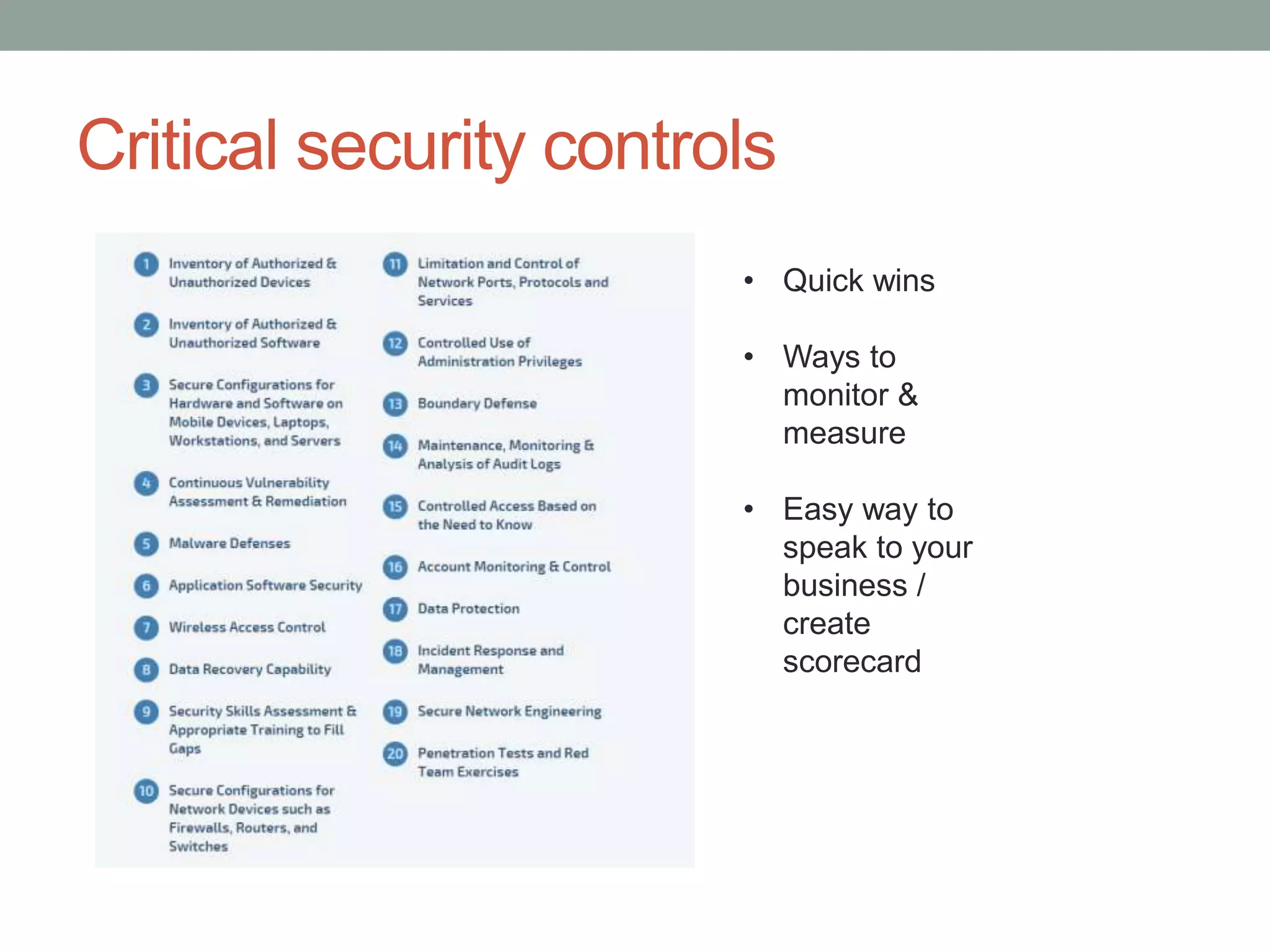 Critical security controls 
• Quick wins 
• Ways to 
monitor & 
measure 
• Easy way to 
speak to your 
business / 
create 
scorecard 
 