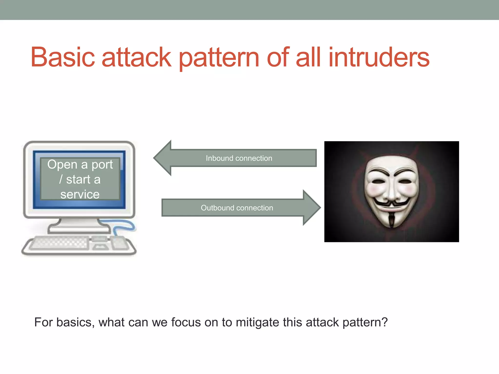 Basic attack pattern of all intruders 
Inbound connection 
Open a port 
/ start a 
service 
Outbound connection 
For basics, what can we focus on to mitigate this attack pattern? 
 
