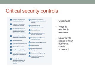 Critical security controls 
• Quick wins 
• Ways to 
monitor & 
measure 
• Easy way to 
speak to your 
business / 
create 
scorecard 
 