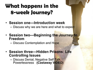 What happens in the 8-week Journey? Session one—Introduction week Discuss why we are here and what to expect Session two—Beginning the Journey to Freedom Discuss Contemplation and Hope Session three—Hidden Prisons: Life Controlling Issues Discuss Denial, Negative Self Talk,  Powerlessness  (Castaway VIDEO) 