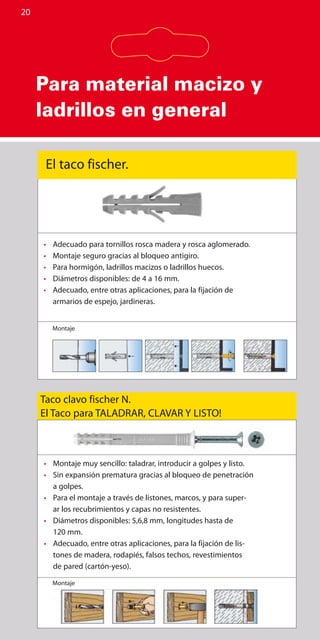 20
Para material macizo y
ladrillos en general
•	 Adecuado para tornillos rosca madera y rosca aglomerado.
•	 Montaje seguro gracias al bloqueo antigiro.
•	 Para hormigón, ladrillos macizos o ladrillos huecos.
•	 Diámetros disponibles: de 4 a 16 mm.
•	 Adecuado, entre otras aplicaciones, para la fijación de
armarios de espejo, jardineras.
Montaje
El taco fischer.
Taco clavo fischer N.
El Taco para TALADRAR, CLAVAR Y LISTO!
•	 Montaje muy sencillo: taladrar, introducir a golpes y listo.
•	 Sin expansión prematura gracias al bloqueo de penetración
a golpes.
•	 Para el montaje a través de listones, marcos, y para super-
ar los recubrimientos y capas no resistentes.
•	 Diámetros disponibles: 5,6,8 mm, longitudes hasta de
	 120 mm.
•	 Adecuado, entre otras aplicaciones, para la fijación de lis-
tones de madera, rodapiés, falsos techos, revestimientos
de pared (cartón-yeso).
Montaje
 