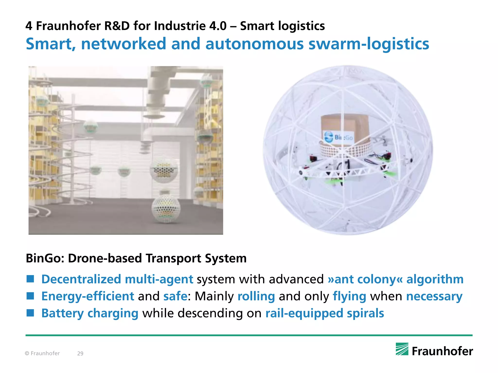 © Fraunhofer 29
4 Fraunhofer R&D for Industrie 4.0 – Smart logistics
Smart, networked and autonomous swarm-logistics
BinGo: Drone-based Transport System
 Decentralized multi-agent system with advanced »ant colony« algorithm
 Energy-efficient and safe: Mainly rolling and only flying when necessary
 Battery charging while descending on rail-equipped spirals
 