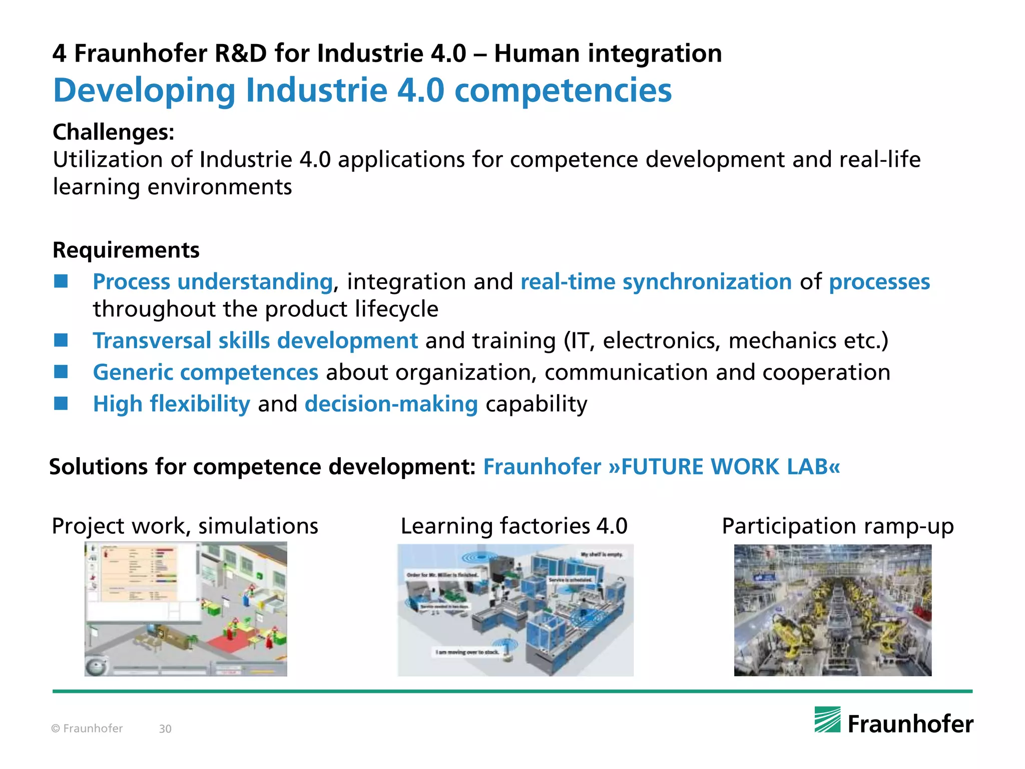 © Fraunhofer 30
4 Fraunhofer R&D for Industrie 4.0 – Human integration
Challenges:
Utilization of Industrie 4.0 applications for competence development and real-life
learning environments
Requirements
 Process understanding, integration and real-time synchronization of processes
throughout the product lifecycle
 Transversal skills development and training (IT, electronics, mechanics etc.)
 Generic competences about organization, communication and cooperation
 High flexibility and decision-making capability
Developing Industrie 4.0 competencies
Learning factories 4.0Project work, simulations Participation ramp-up
Solutions for competence development: Fraunhofer »FUTURE WORK LAB«
 