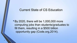 Current State of CS Education
•By 2020, there will be 1,000,000 more
computing jobs than students/graduates to
fill them, resulting in a $500 billion
opportunity gap (Code.org,2014).
8
 
