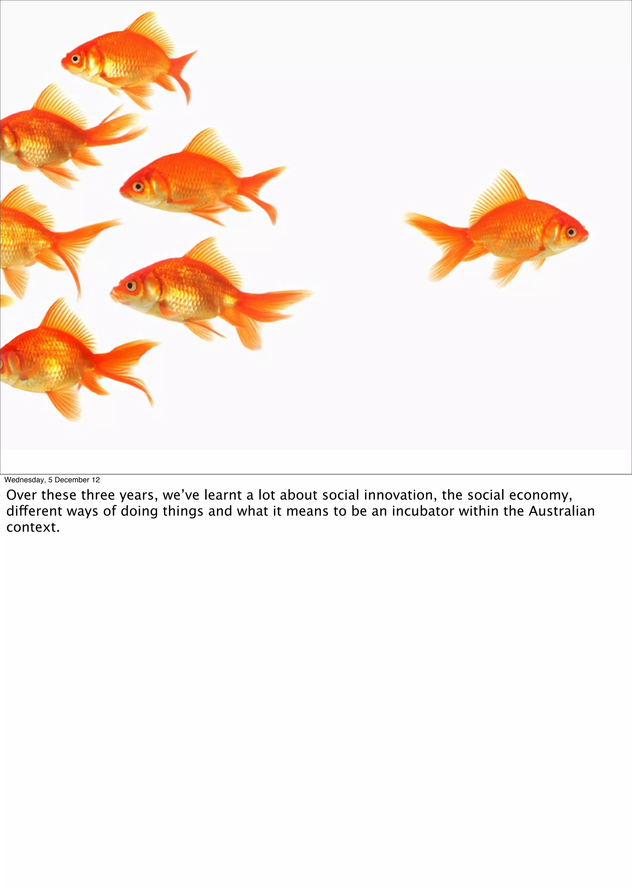 Wednesday, 5 December 12

Over these three years, we’ve learnt a lot about social innovation, the social economy,
different ways of doing things and what it means to be an incubator within the Australian
context.
 