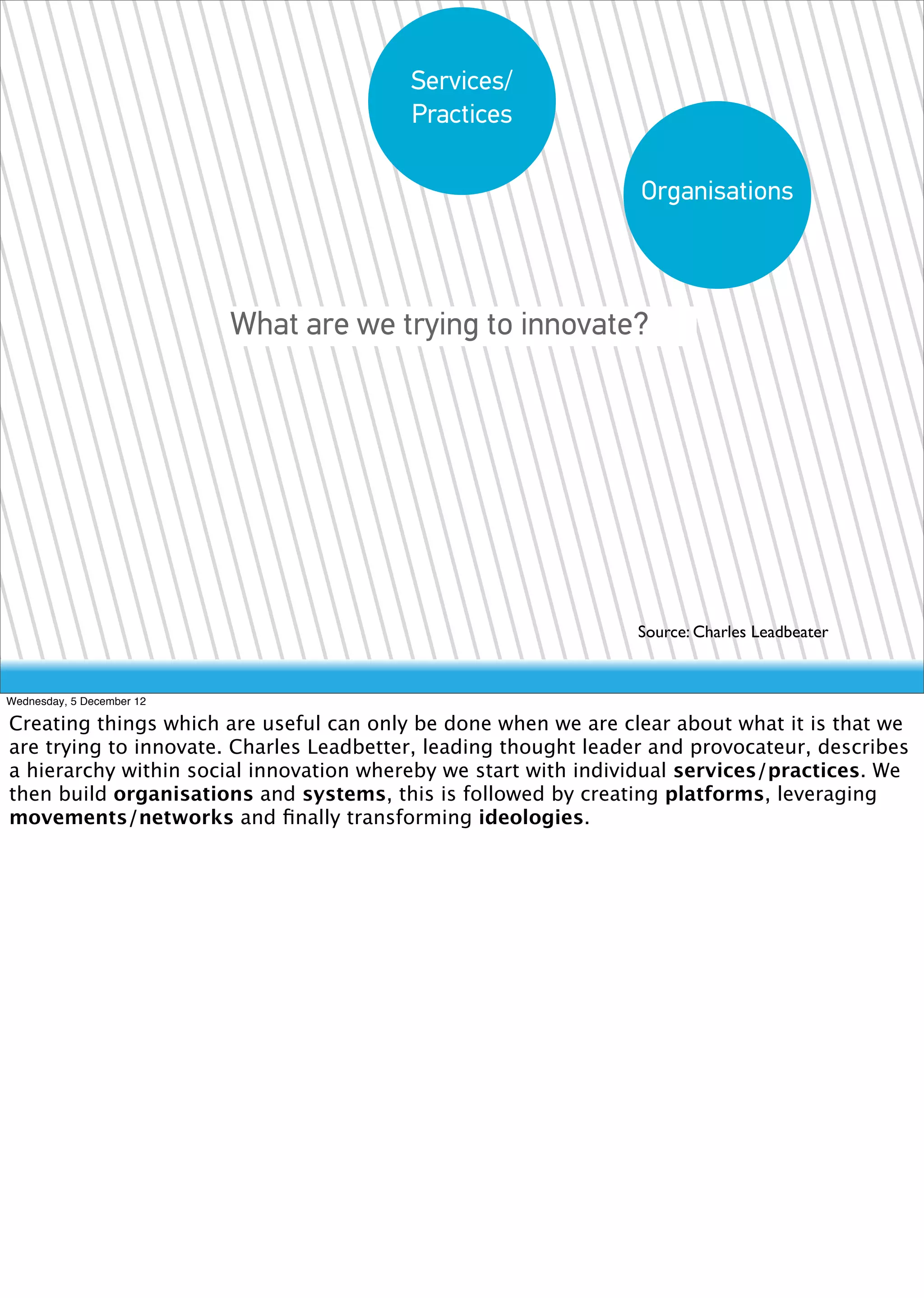 Services/
                                         Practices

                                                                 Organisations



                           What are we trying to innovate?




                                                                Source: Charles Leadbeater


Wednesday, 5 December 12

Creating things which are useful can only be done when we are clear about what it is that we
are trying to innovate. Charles Leadbetter, leading thought leader and provocateur, describes
a hierarchy within social innovation whereby we start with individual services/practices. We
then build organisations and systems, this is followed by creating platforms, leveraging
movements/networks and ﬁnally transforming ideologies.
 