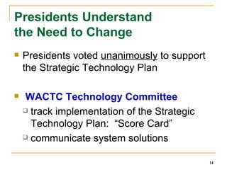 Presidents Understand the Need to Change Presidents voted  unanimously  to support the Strategic Technology Plan   WACTC Technology Committee track implementation of the Strategic Technology Plan:  “Score Card” communicate system solutions 