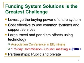 Funding System Solutions is the Greatest Challenge Leverage the buying power of entire system Cost effective to use common systems and support services Large travel and per diem offsets using technology  Association Conference in Elluminate 1 ½ day Commission / Council meeting =  $10K+ Partnerships: Public and private 